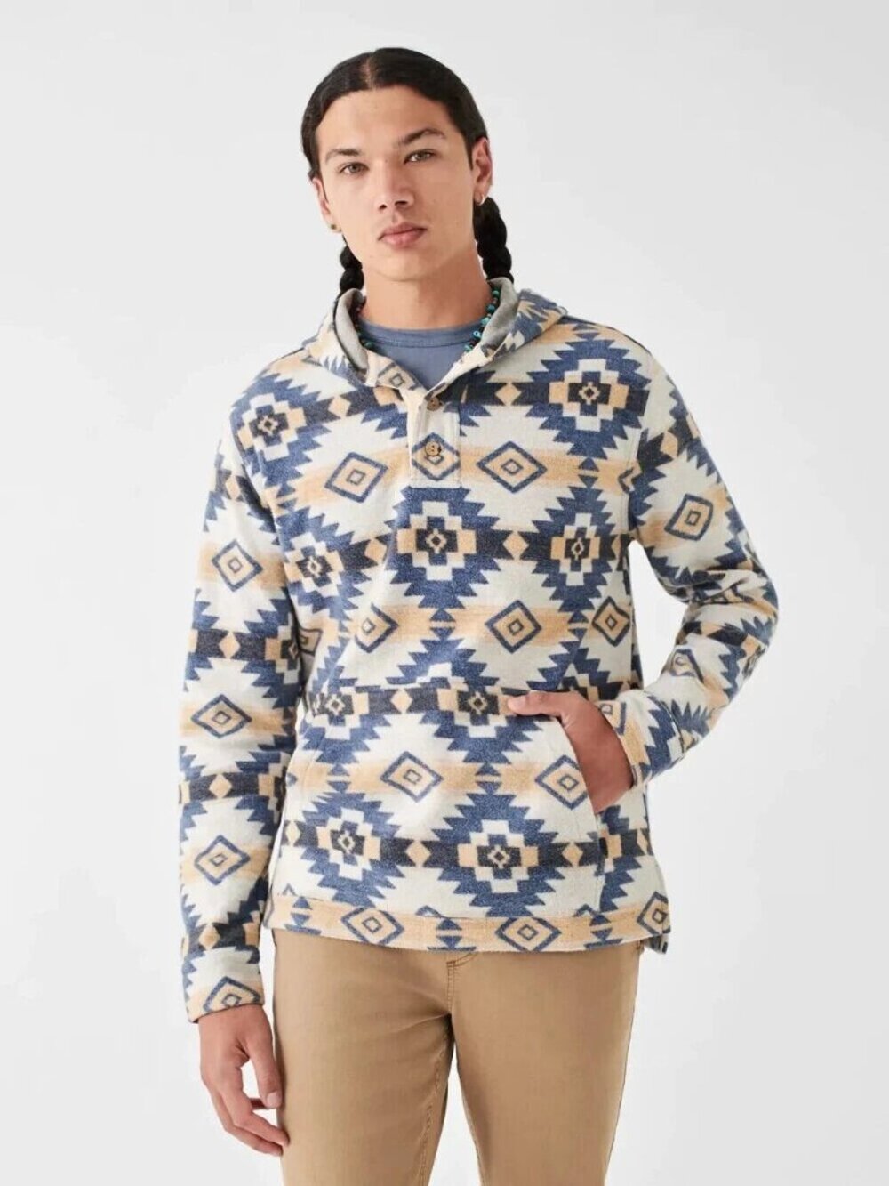 Faherty Men's DGF Knit Pacific Hoodie Aztec Southwestern Blue Star M 290637